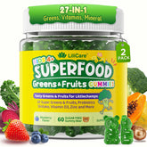 LILICARE Kids Super Greens Gummies pack front showing vibrant branding and sugar-free promise.