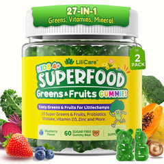 LILICARE Kids Super Greens Gummies pack front showing vibrant branding and sugar-free promise.