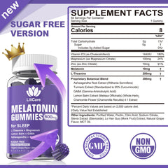 LILICARE Melatonin Gummies bottle back label with key ingredients highlighted.