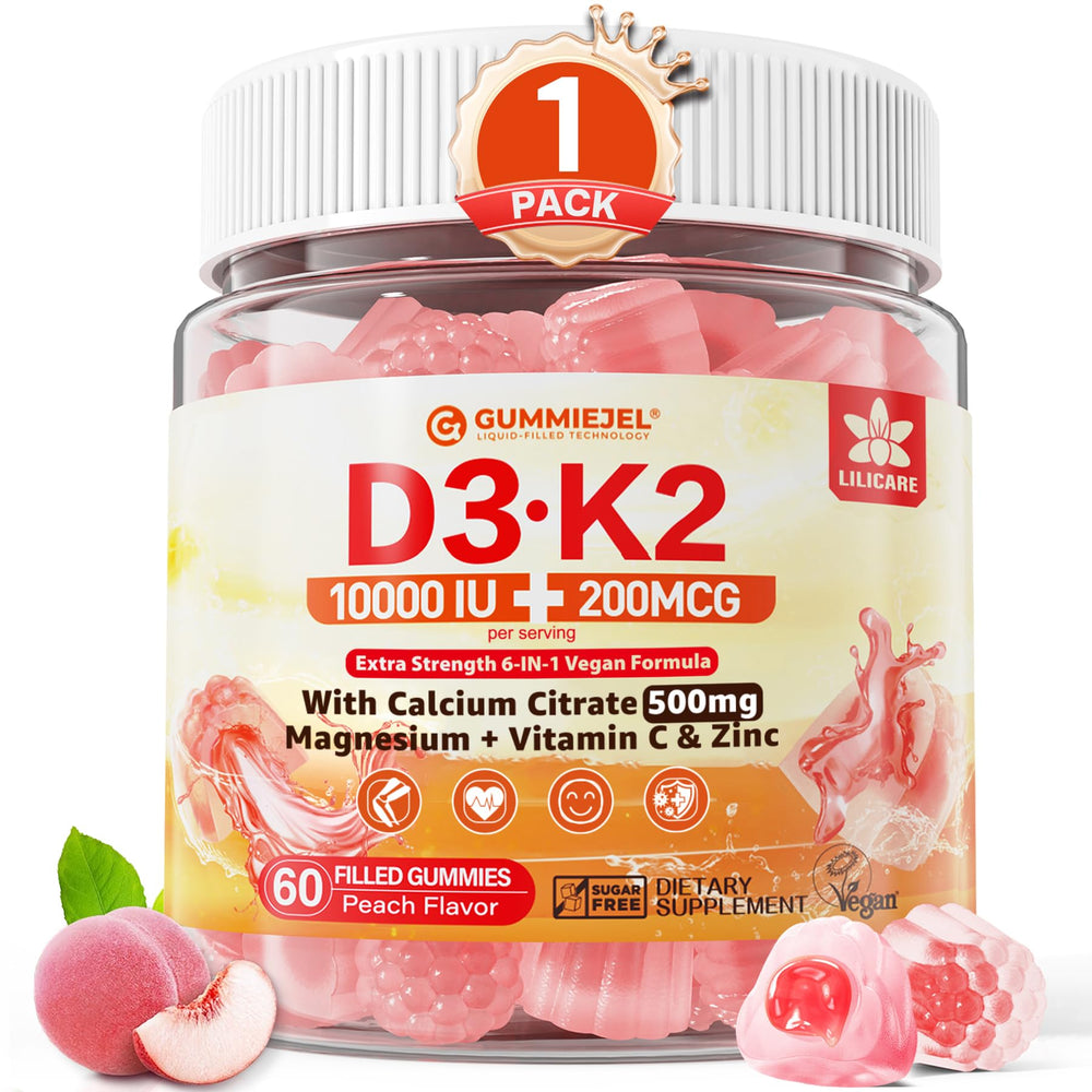 LILICARE Vitamin D3 K2 gummies bottle showcasing vegan, bone-supportive formula.