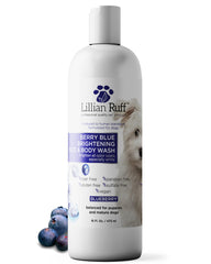 Lillian Ruff Berry Blue bottle pour shows rich lather for brightening coat.