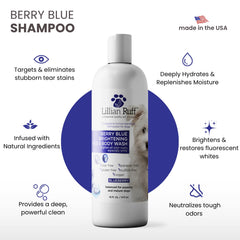 Lillian Ruff Berry Blue rich foam during bath for vibrant coats.