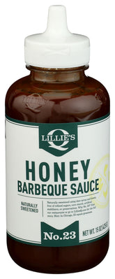 Lillie's Q Honey Barbeque Sauce bottle ready for grilling with tangy glaze.