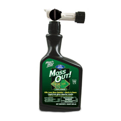 Lilly Miller Moss Out for Lawns bottle ready for hose-n-go application on mossy turf.