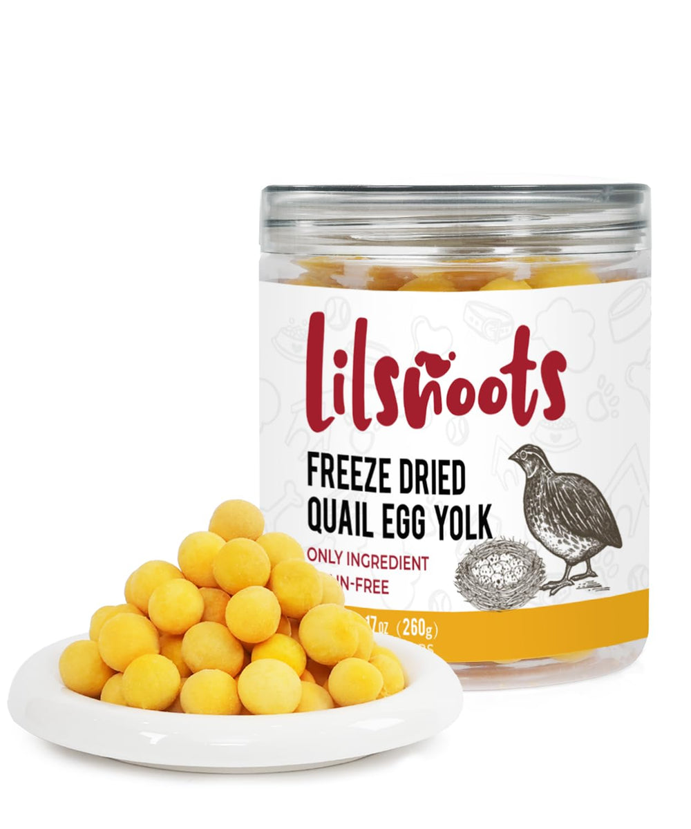 LILSNOOTS freeze-dried quail egg yolk treat in jar for convenient, nutrient-dense snacking.