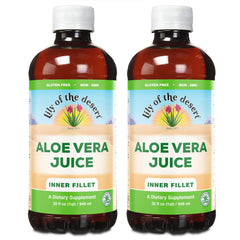 Lily Of The Desert Aloe juice 2-pack bottle front shows vegan, non-GMO digestive support option