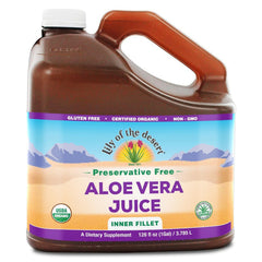 Lily of the Desert aloe juice bottle showing organic formula for daily wellness.