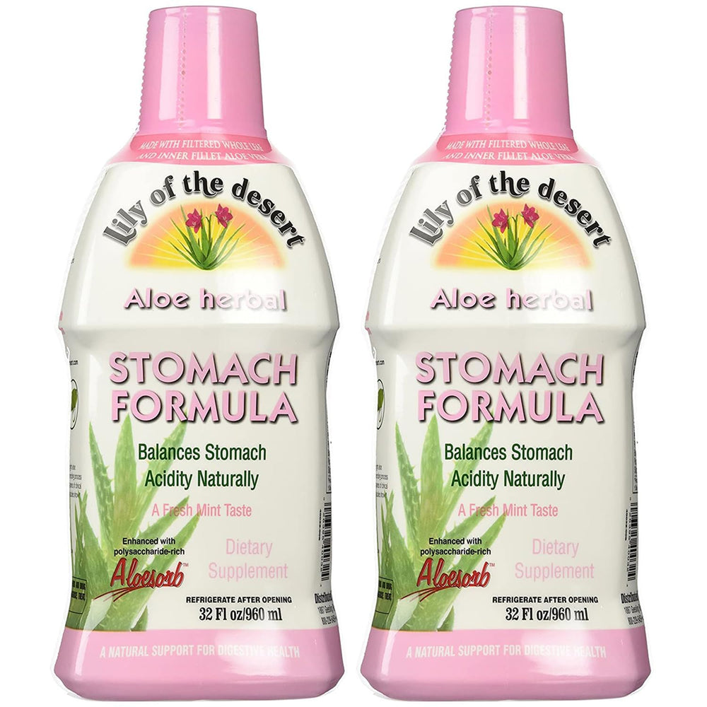 Lily of the Desert Stomach Formula bottle label closeup highlighting organic aloe benefits for gut comfort.