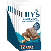 LILY'S Hazelnut Milk Chocolate Style bulk box with twelve no-sugar-added bars ready to share or store.