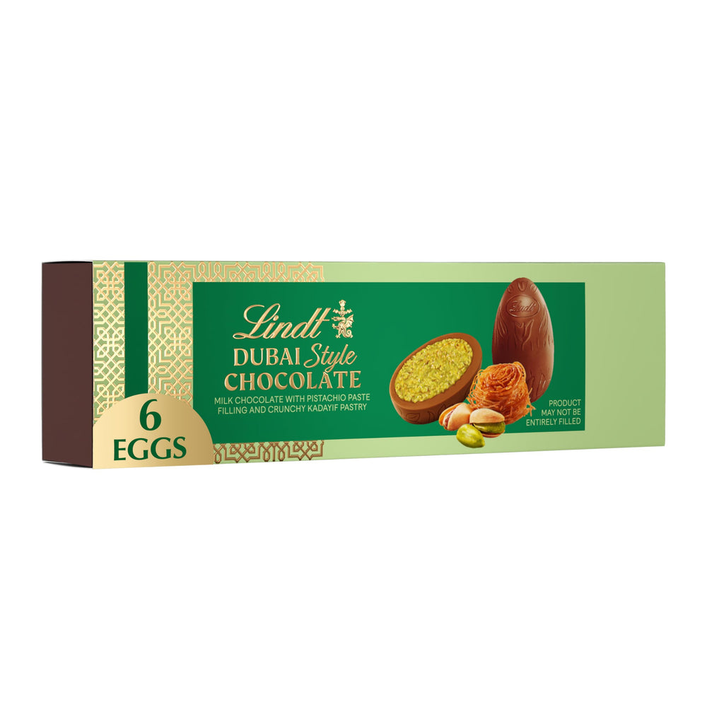 Lindt Dubai Style milk chocolate Easter egg pistachio filling, a luxurious festive treat.