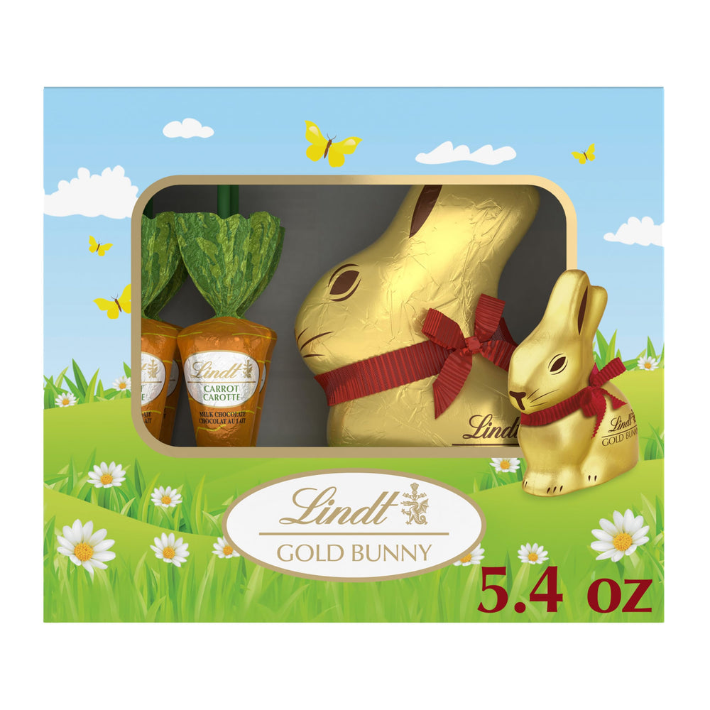 Lindt Gold Bunny Milk Chocolate shines in gold foil, perfect Easter gift centerpiece.