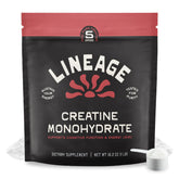Lineage Provisions creatine jar showing micronized powder for smooth mixing.