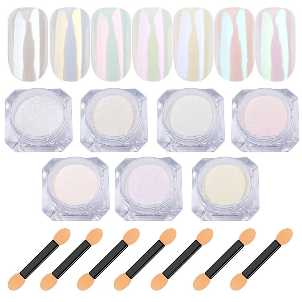 Lingyun seven colors chrome nail powder in white pearl finish for luminous nails.