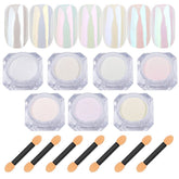 Lingyun seven colors chrome nail powder in white pearl finish for luminous nails.