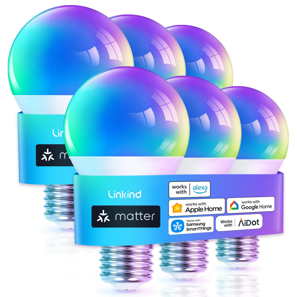 Linkind Matter smart bulb pack shot showing six bulbs for easy room lighting upgrades.