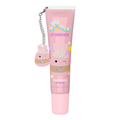 Lip Smacker Squishmallows Suey lip balm bottle close-up shows pink sugar flavor