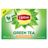 Lipton decaffeinated green tea bags in box for everyday unsweetened tea.