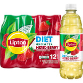 Lipton Diet Mixed Berry Green Tea bottle shows zero sugar option for busy days