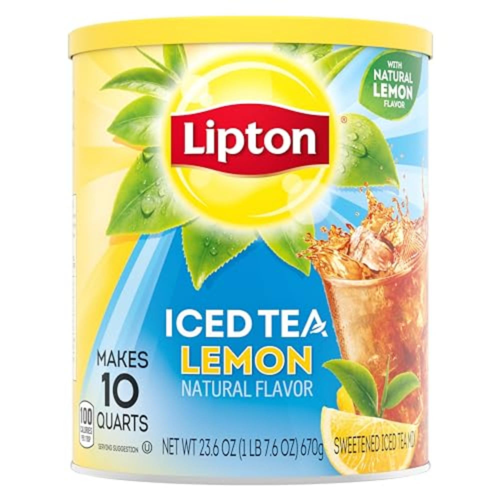 Lipton Lemon Iced Tea Mix bottle close-up with real tea leaves for premium flavor.