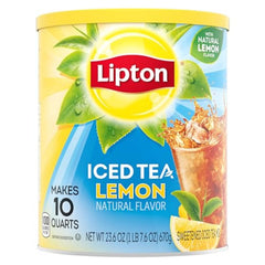 Lipton Lemon Iced Tea Mix bottle close-up with real tea leaves for premium flavor.