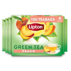 Lipton Peach Green Tea Bags packaging box showing six-pack convenience for daily use.
