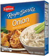 Lipton Recipe Secrets Onion Soup Mix 2oz packaging for quick, savory flavor base.