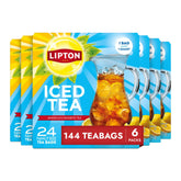 Lipton unsweetened iced tea bags in a pitcher with ice, refreshing at any table.