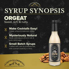 Liquid Alchemist Orgeat Syrup ingredients—almonds and orange blossom water—for authentic almond sweetness.