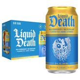 Liquid Death Blueberry Buzzsaw can close-up highlighting brand and caffeine boost