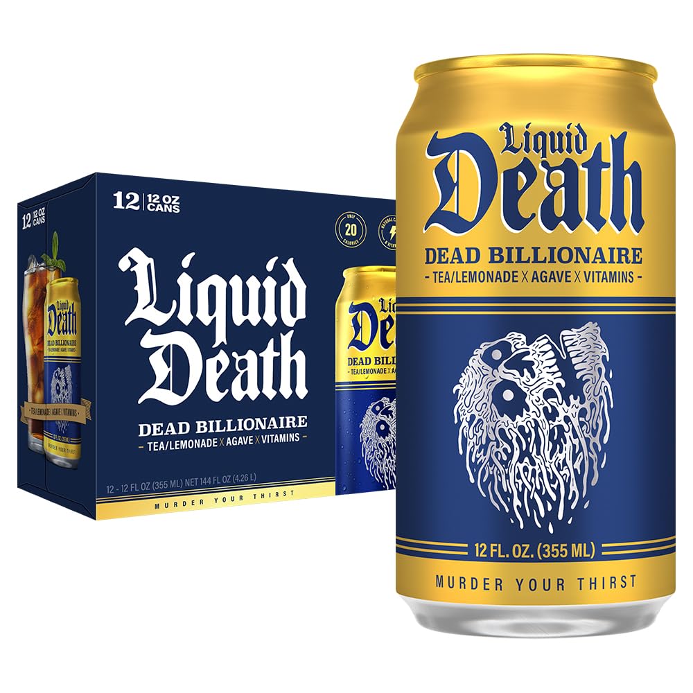 Liquid Death Dead Billionaire can front view showing caffeine-boosting energy cue