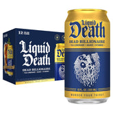 Liquid Death Dead Billionaire can front view showing caffeine-boosting energy cue