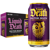 Liquid Death Doctor Death front can view highlights cherry flavor and bold fizz.