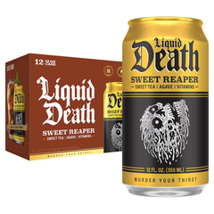 Liquid Death Iced Tea Sweet Reaper bottle highlighting bold flavor and lower sugar.