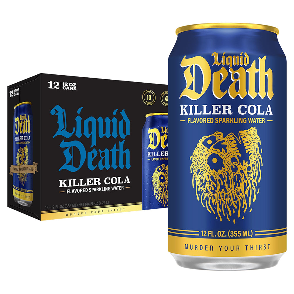 Liquid Death Killer Cola can close-up shows bold flavor with lower sugar.