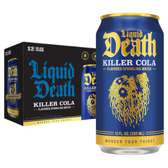 Liquid Death Killer Cola can close-up shows bold flavor with lower sugar.