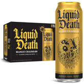 Liquid Death Mango Chainsaw can for refreshing mango flavor and hydration.