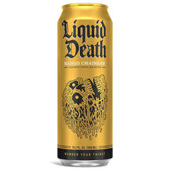 Liquid Death Mango Chainsaw can on a hike to quench thirst.