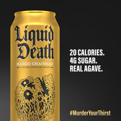 Liquid Death Mango Chainsaw can poured into a glass for bold sparkle.
