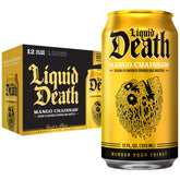 Liquid Death Mango Chainsaw can with vibrant mango flavor and refreshing fizz.