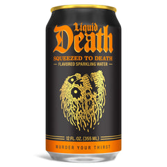 Liquid Death orange can side view with branding and packaging convenience.