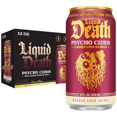 Liquid Death Psycho Cider can on table showing bold apple cinnamon flavor.