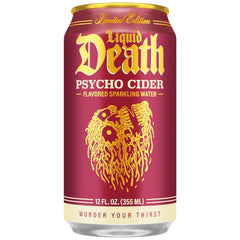 Liquid Death Psycho Cider poured into glass with bubbly, caffeine-free refreshment.