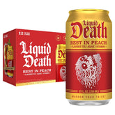 Liquid Death Rest In Peach iced tea can front view highlighting peach flavor and low sugar.