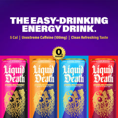 Liquid Death Sparkling Energy label close-up emphasizing natural flavors.