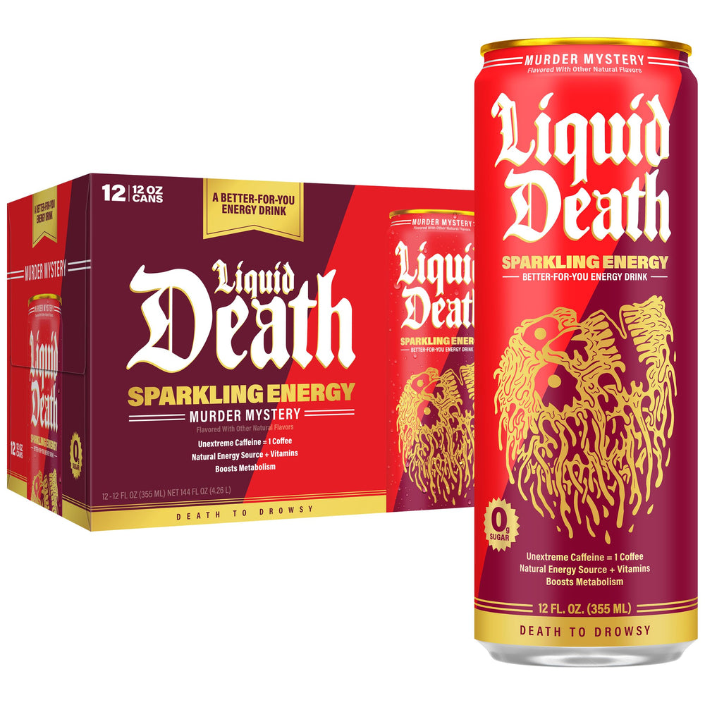 Liquid Death Sparkling Energy Murder Mystery can front view with cherry flavor and zero sugar benefits