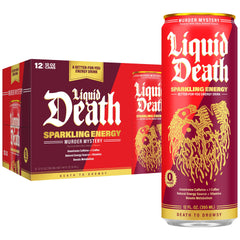 Liquid Death Sparkling Energy Murder Mystery can front view with cherry flavor and zero sugar benefits