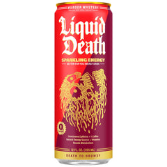 Liquid Death Murder Mystery cherry-cream-vanilla label close-up highlighting flavor notes