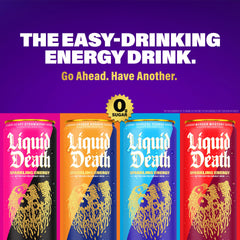 Liquid Death Sparkling Energy label close-up showing 100 mg caffeine and vitamins
