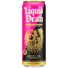 Liquid Death Sparkling Energy nutrition panel shot highlights essential vitamins and L-Theanine.