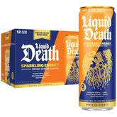 Liquid Death Sparkling Energy Orange Horror can front shows zero sugar and bold flavor